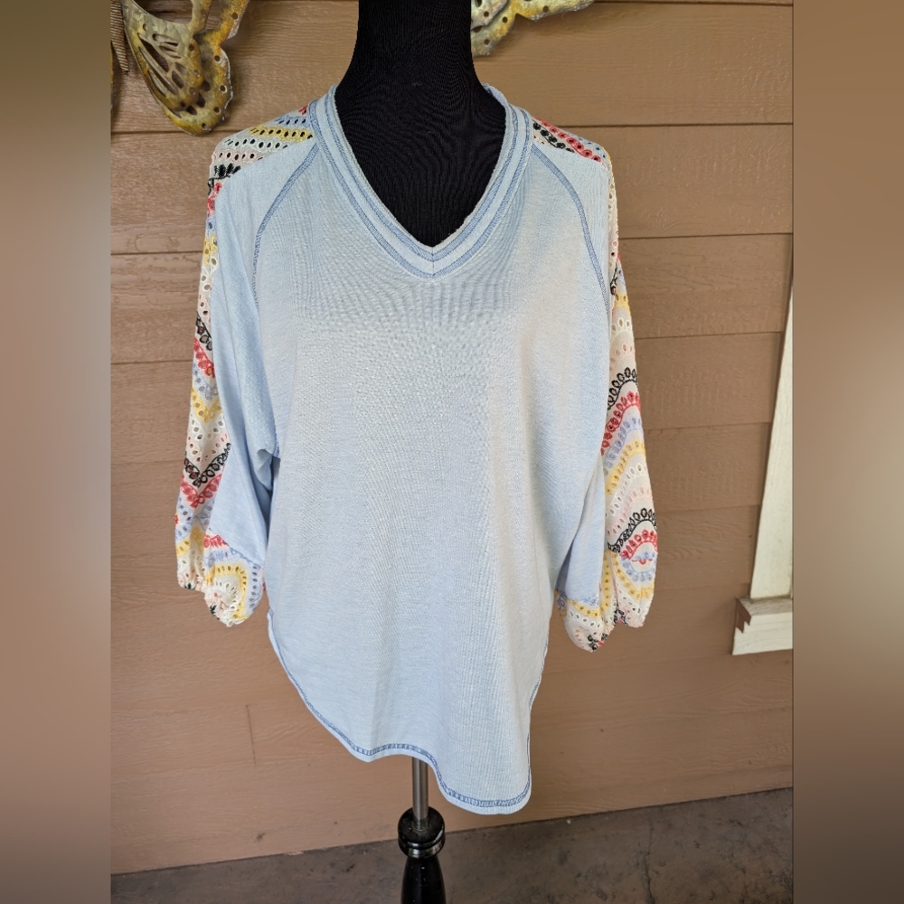 Hummingbird Sky Blue Tunic with Colorful Patterned Eyelet Embroidered Sleeves